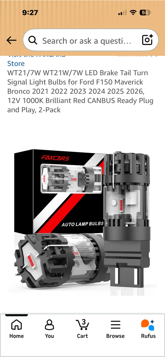 FAXCARS WT21/7W LED Brake Tail Turn Signal Light Bulbs, 2-Packo - photo 2