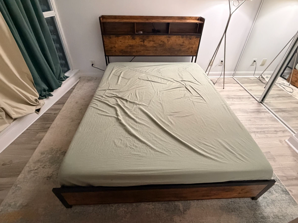 Metal Bed Frame with Wooden Headboard and Shelves