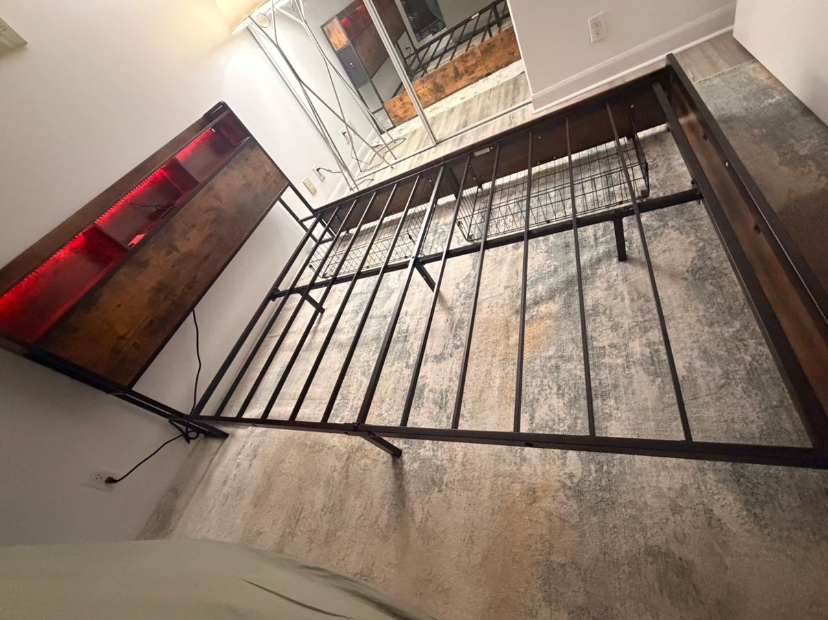 Metal Bed Frame with Wooden Headboard and Shelves - photo 4