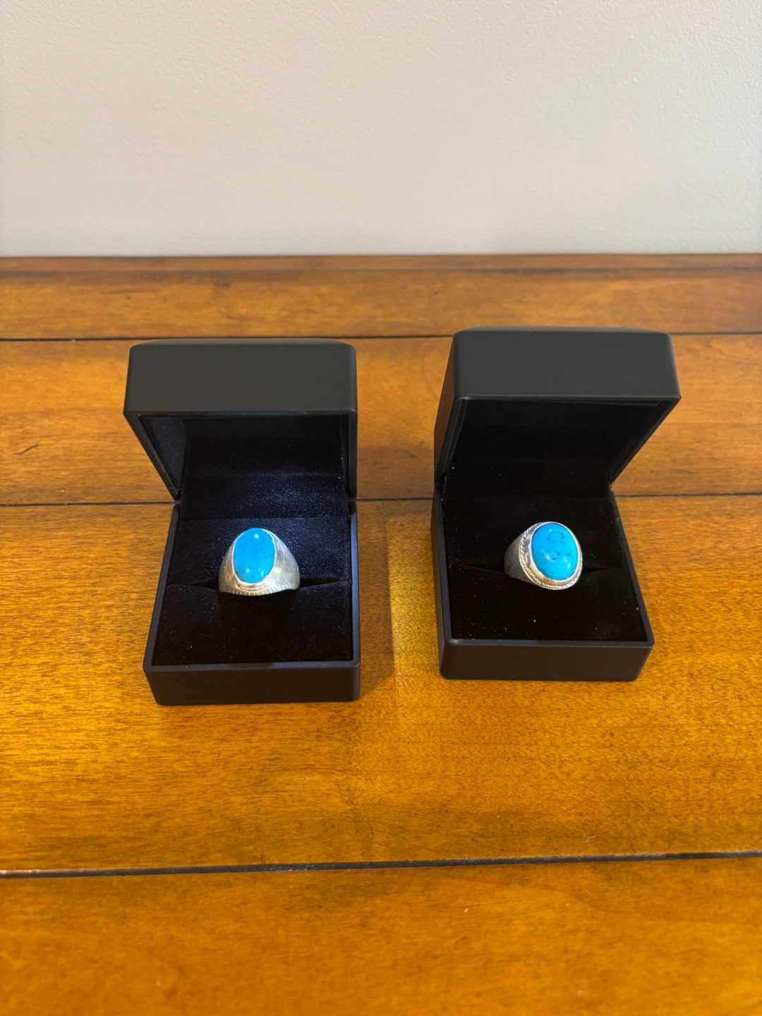 Two Turquoise Rings in Black Boxes