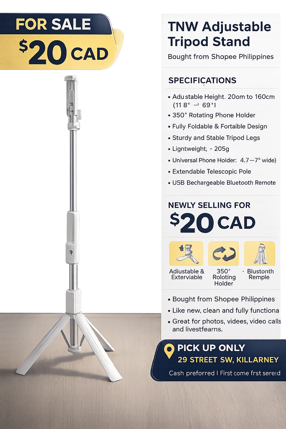 TNW Adjustable Tripod Stand with Bluetooth Remote