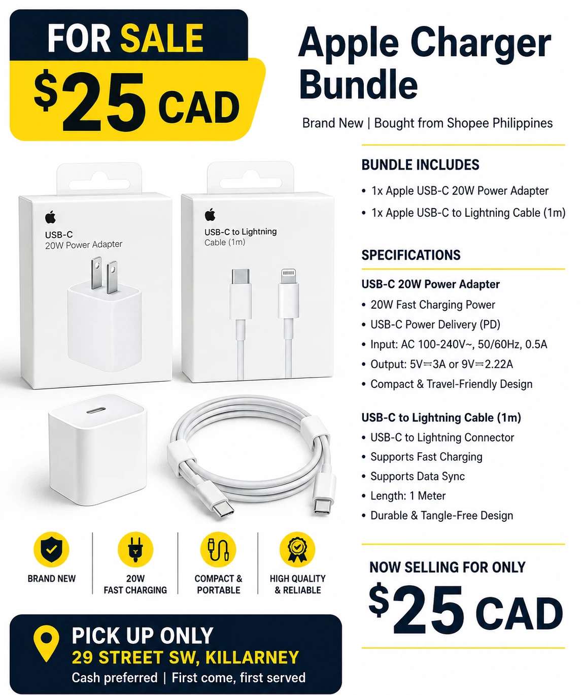 Apple Charger Bundle - 20W Power Adapter & 1m cable