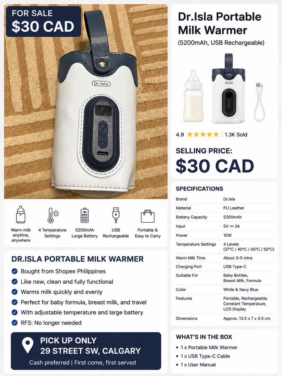 Dr.Isla Portable Milk Warmer - White & Navy Blue
