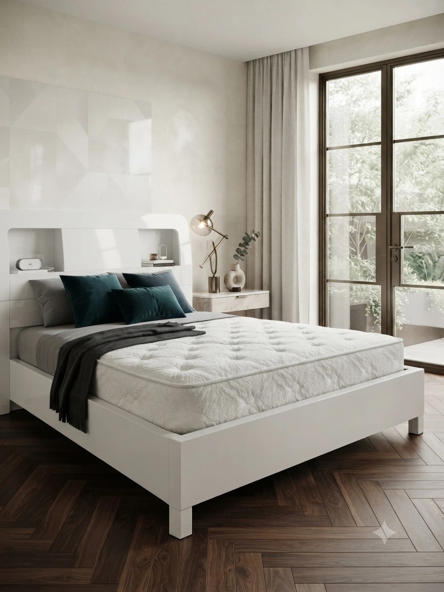 White gloss Bed Frame with Headboard Shelf