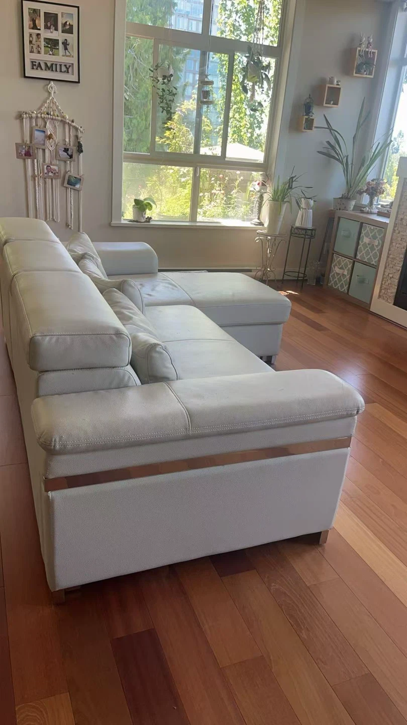 White Leather Sectional Sofa with Chaise