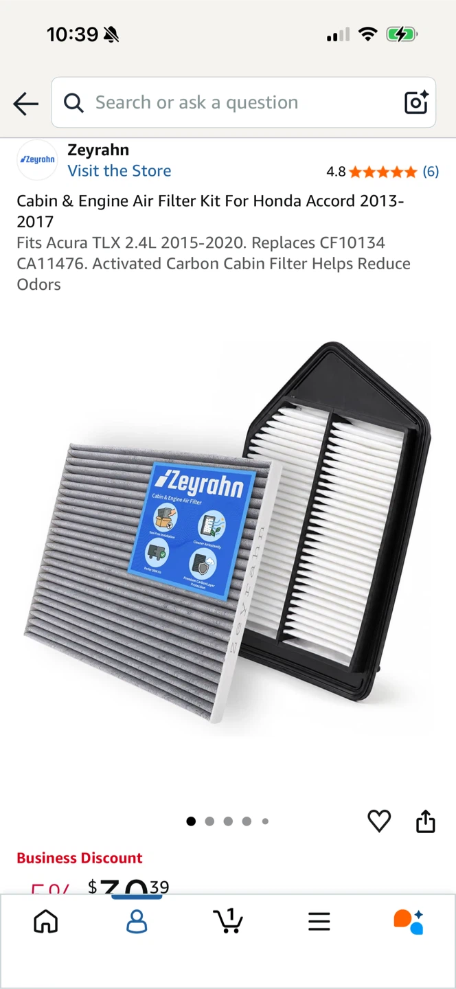 Engine Air Filter (only) Kit for Honda Accord 2013-2017