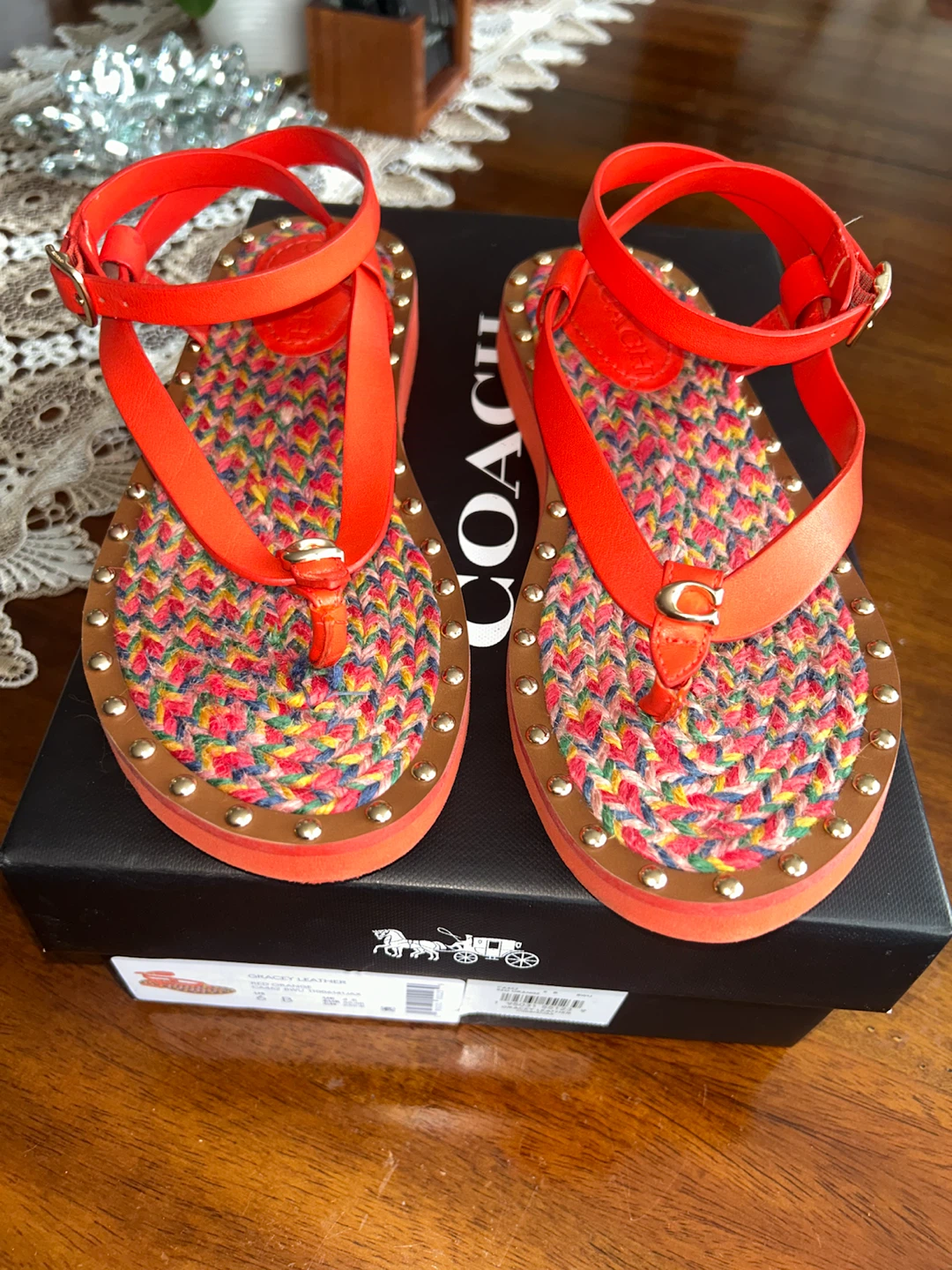 Coach Gracey Leather Sandals - Red Orange - US 6