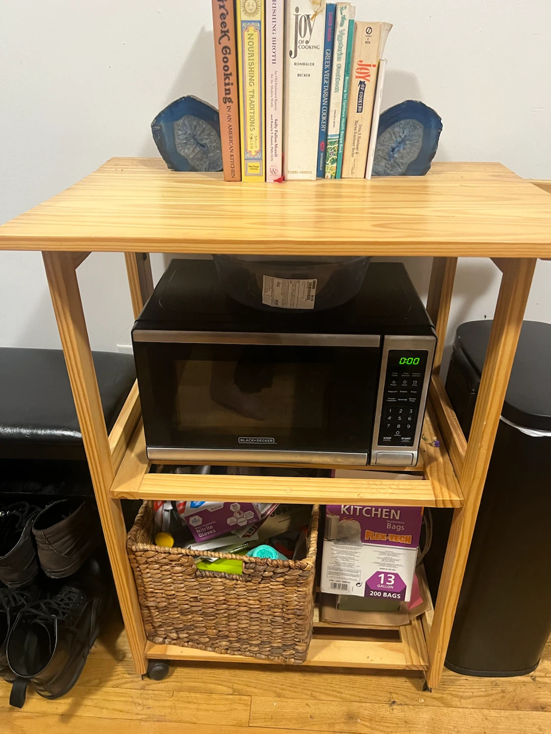 Wood microwave stand on wheels