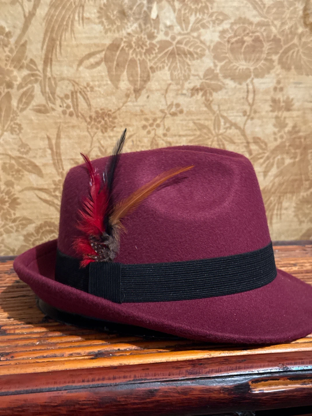 Boys Burgundy Fedora Hat with Feather Accent