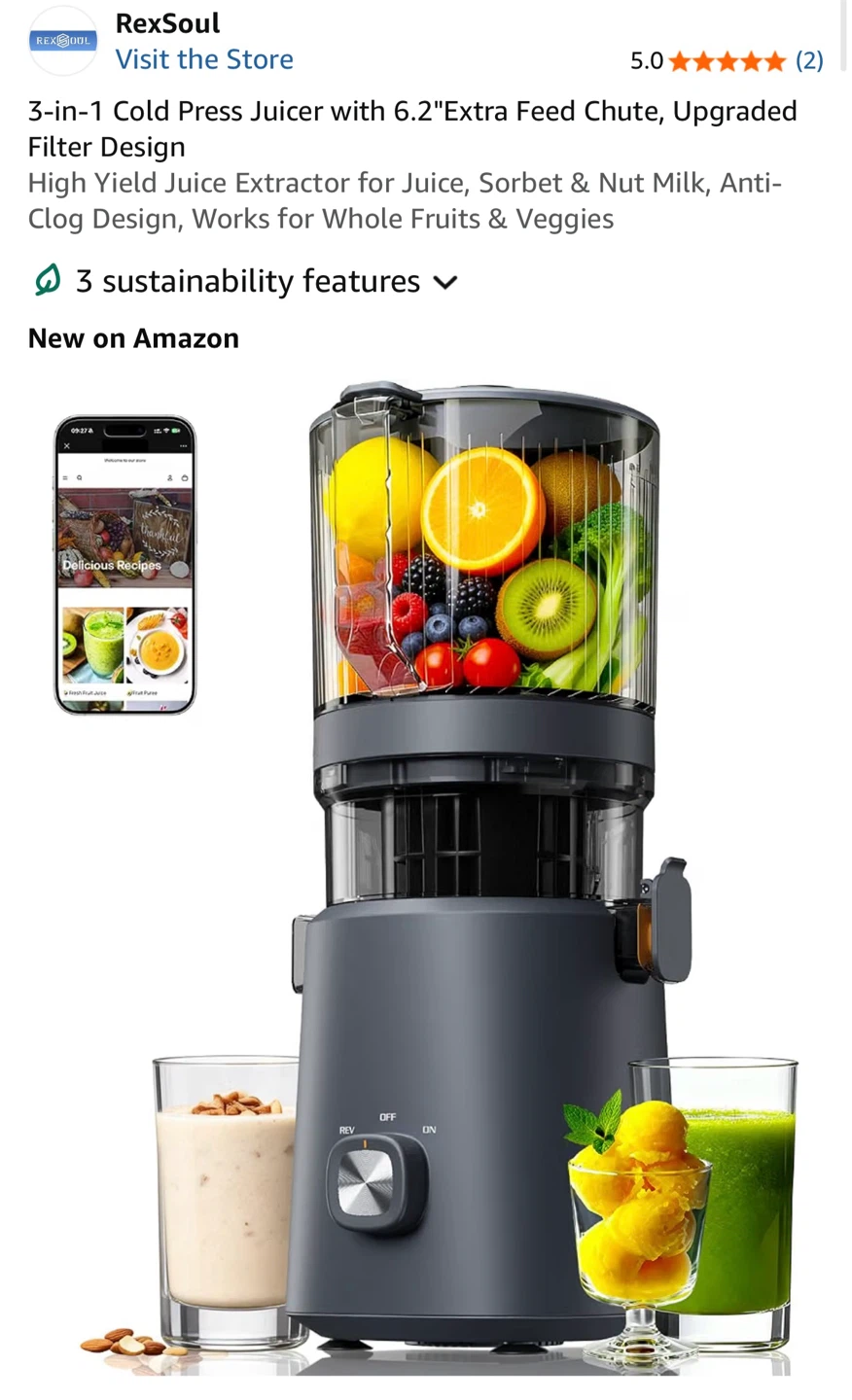 3-in-1 Cold Press Juicer with 6.2"Extra Feed Chute… - photo 2