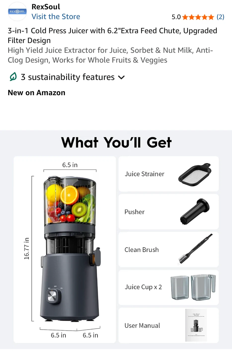 3-in-1 Cold Press Juicer with 6.2"Extra Feed Chute… - photo 3
