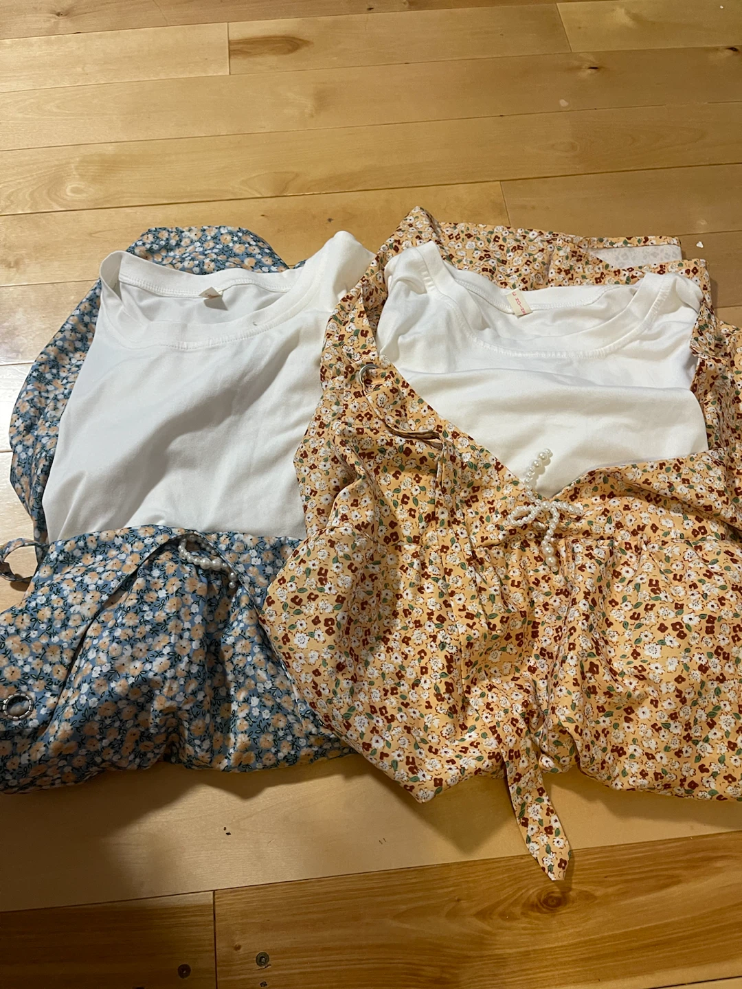 Two Floral Print Dresses with White Tops