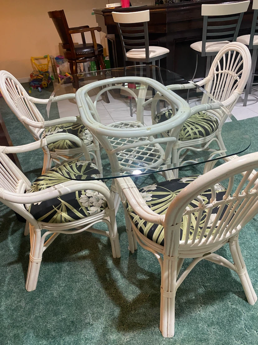 White Rattan Dining Set with Glass Top and Floral Cushions - photo 2
