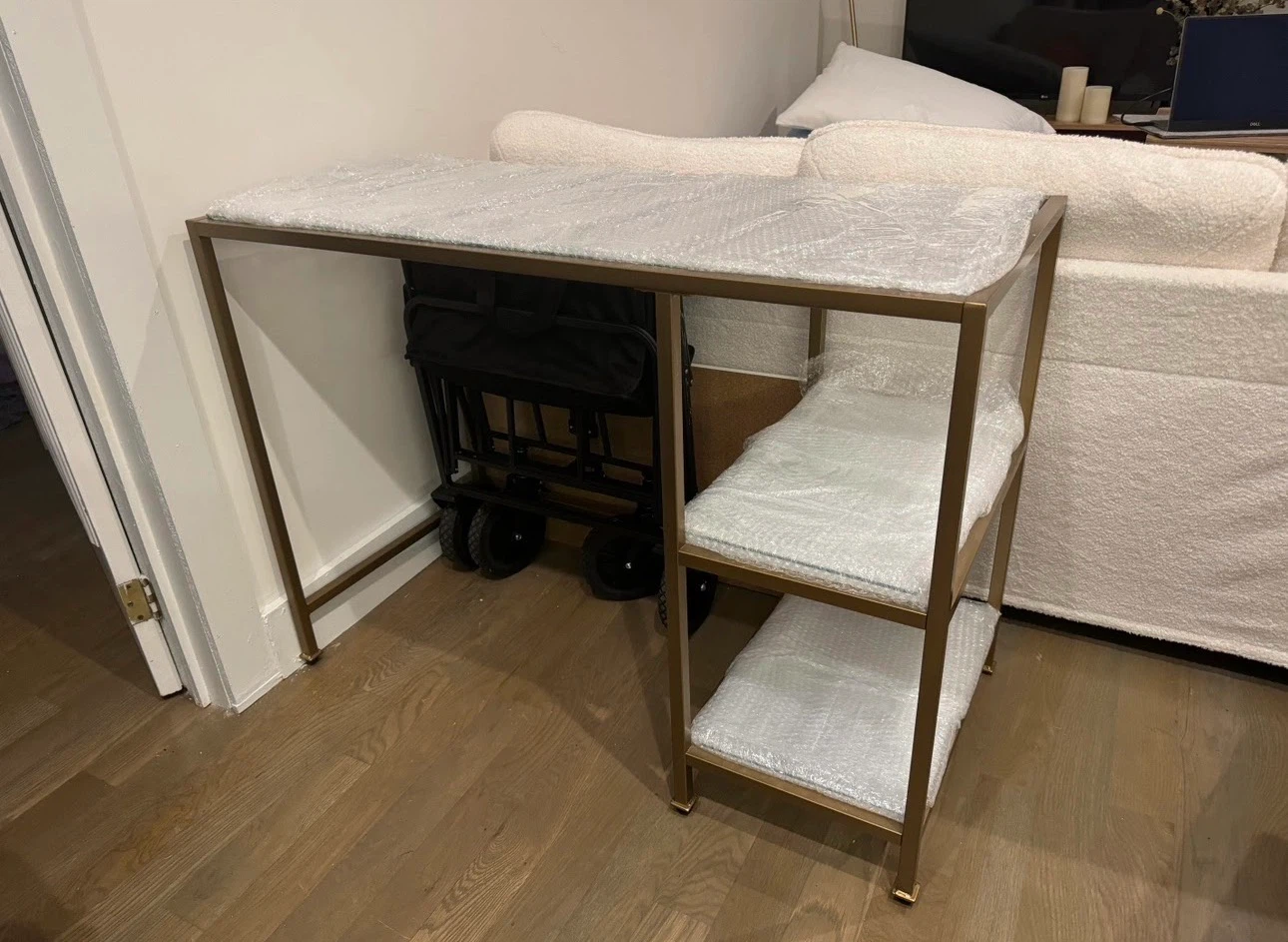 Glass Top Writing Desk / TV table/ entry table with Gold Frame