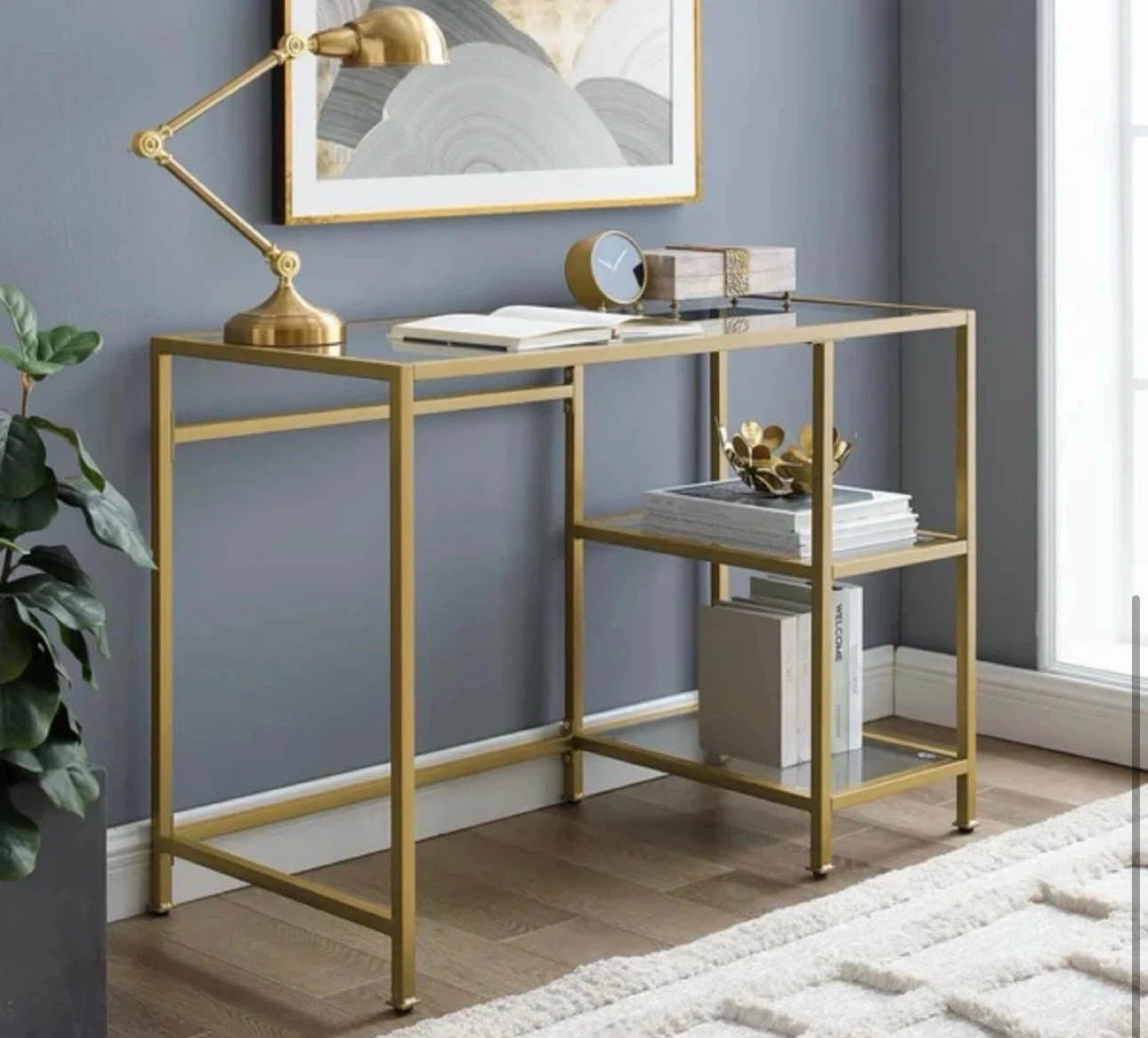 Glass Top Writing Desk / TV table/ entry table with Gold Frame - photo 3