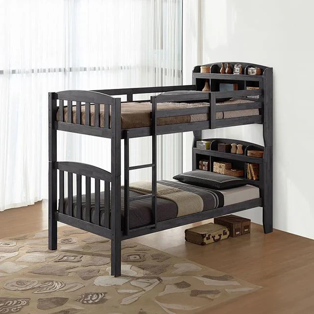 Dark Grey Wooden Bunk Bed with Shelves