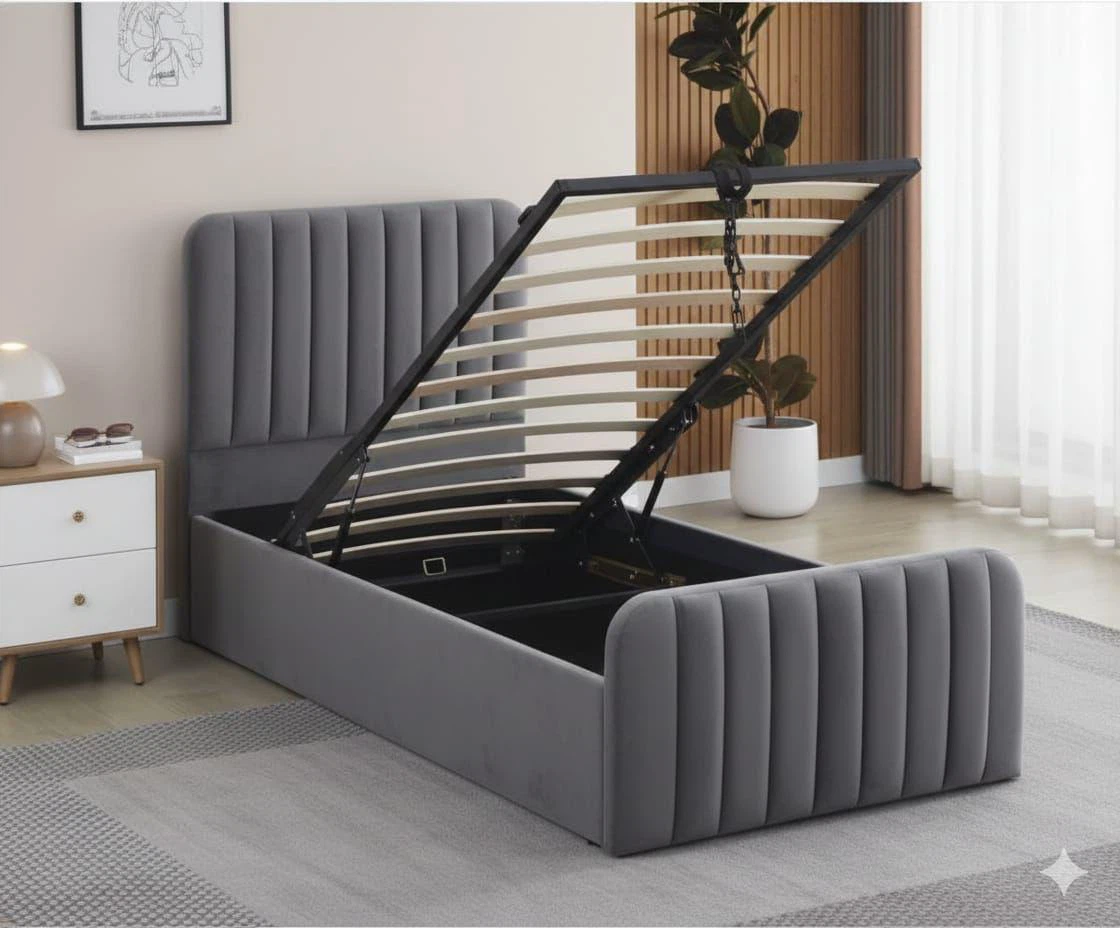 Grey Velvet Upholstered Storage Bed Frame