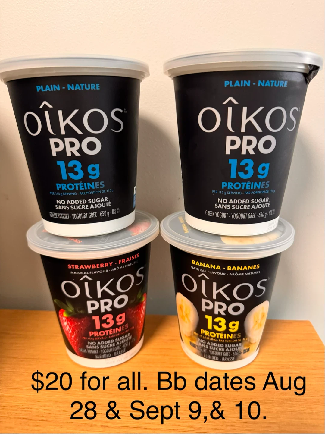Oikos Pro Greek Yogurt Bundle (2 Plain, 1 Strawberry, 1 Banana)