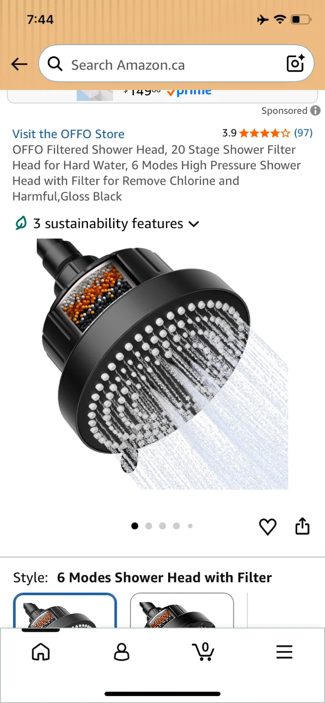 OFFO Filtered Shower Head, 6 Modes, Gloss Black