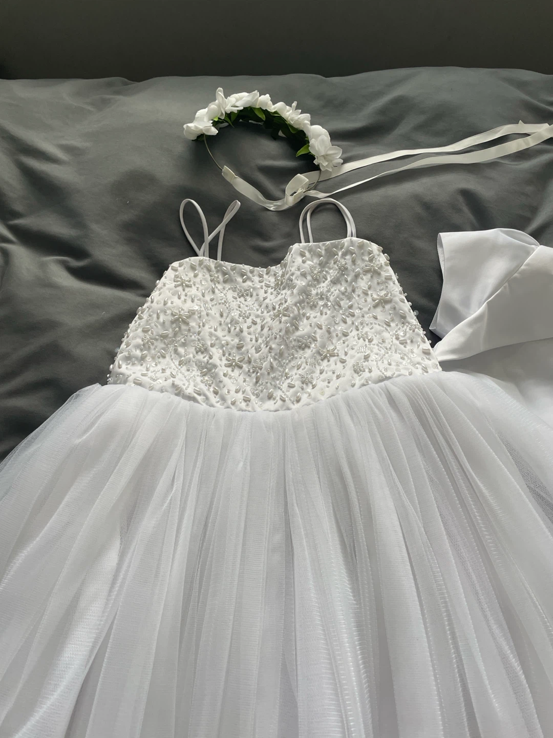 Fancy Kids White Beaded Tulle Dress with Flower Crown - photo 2