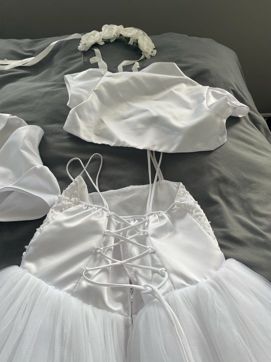 Fancy Kids White Beaded Tulle Dress with Flower Crown - photo 3