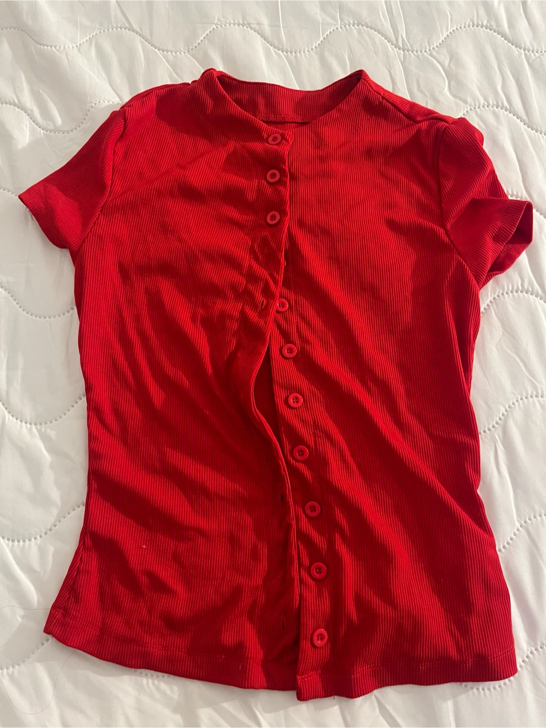 Red Button-Up Ribbed Top