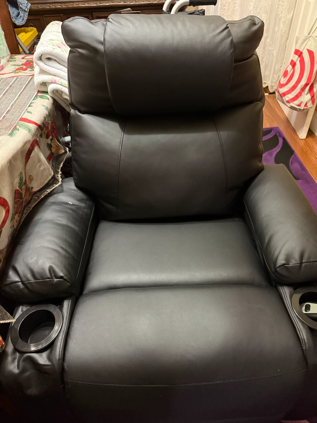 Black Leather Recliner Chair with Cup Holders