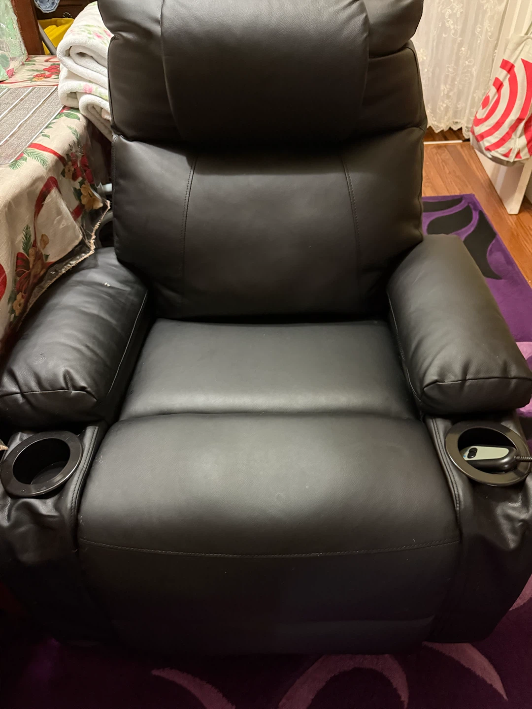 Black Leather Recliner Chair with Cup Holders - photo 2