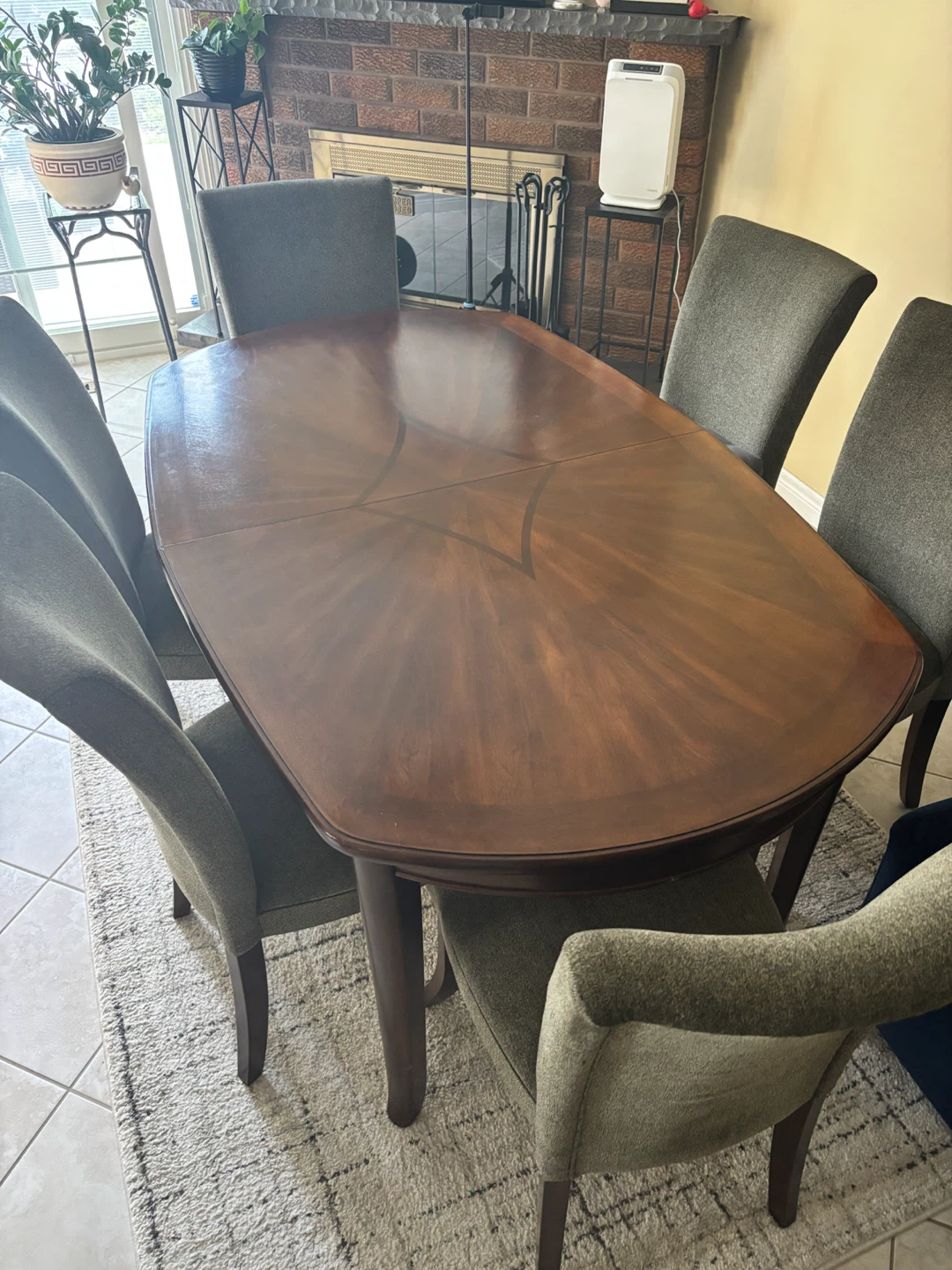 Wood Dining Table - 6 Upholstered Chairs + Leaf (Seats 8)