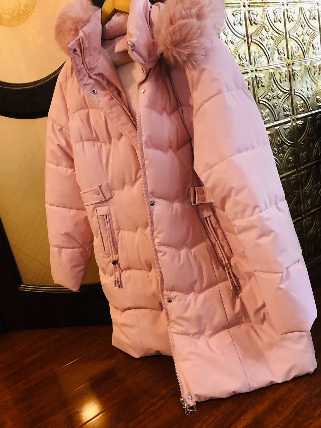 Popular dust Pink Puffer Coat with Faux Fur Hood