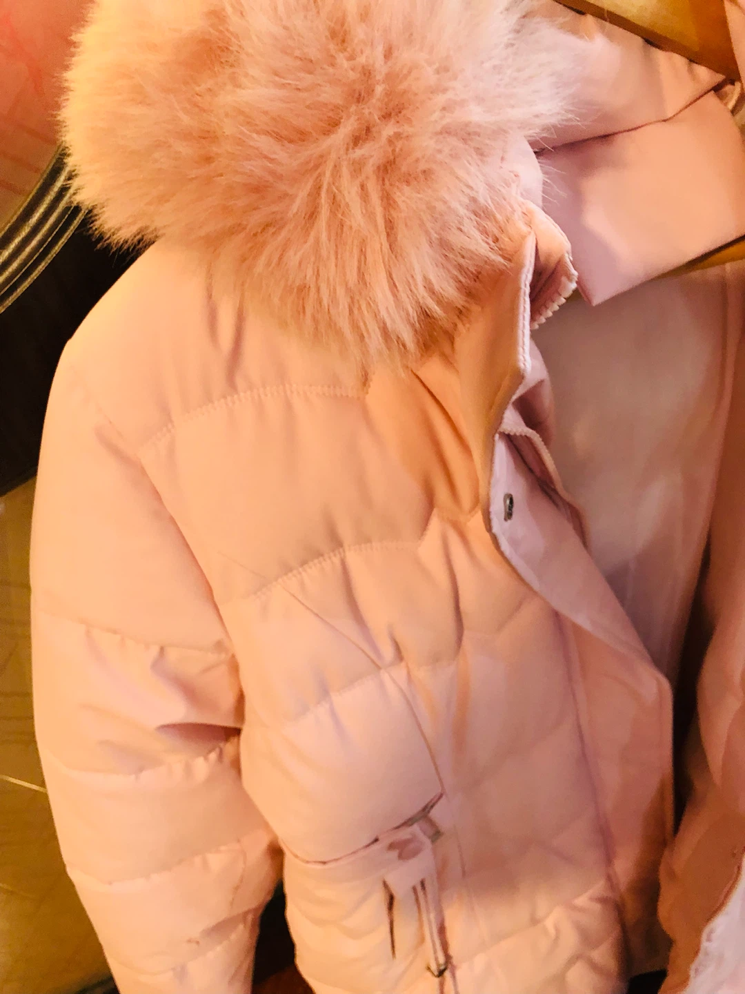 Popular dust Pink Puffer Coat with Faux Fur Hood - photo 3