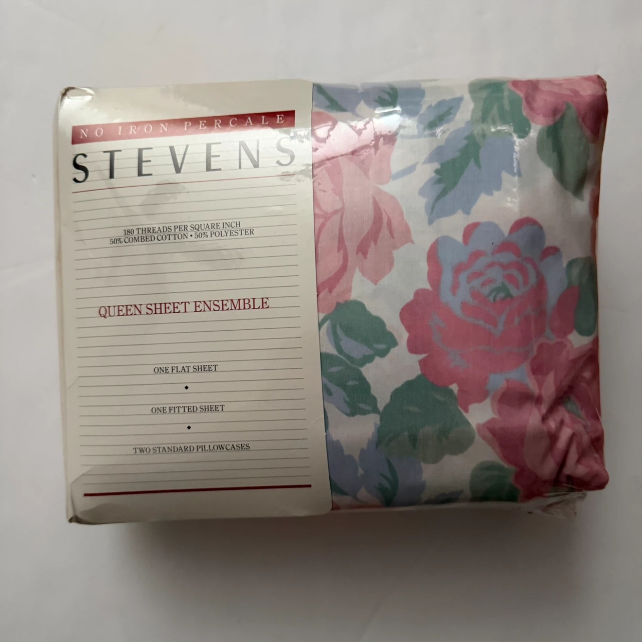 NOS Vintage Stevens Pink and Green Floral Queen Sheet Set