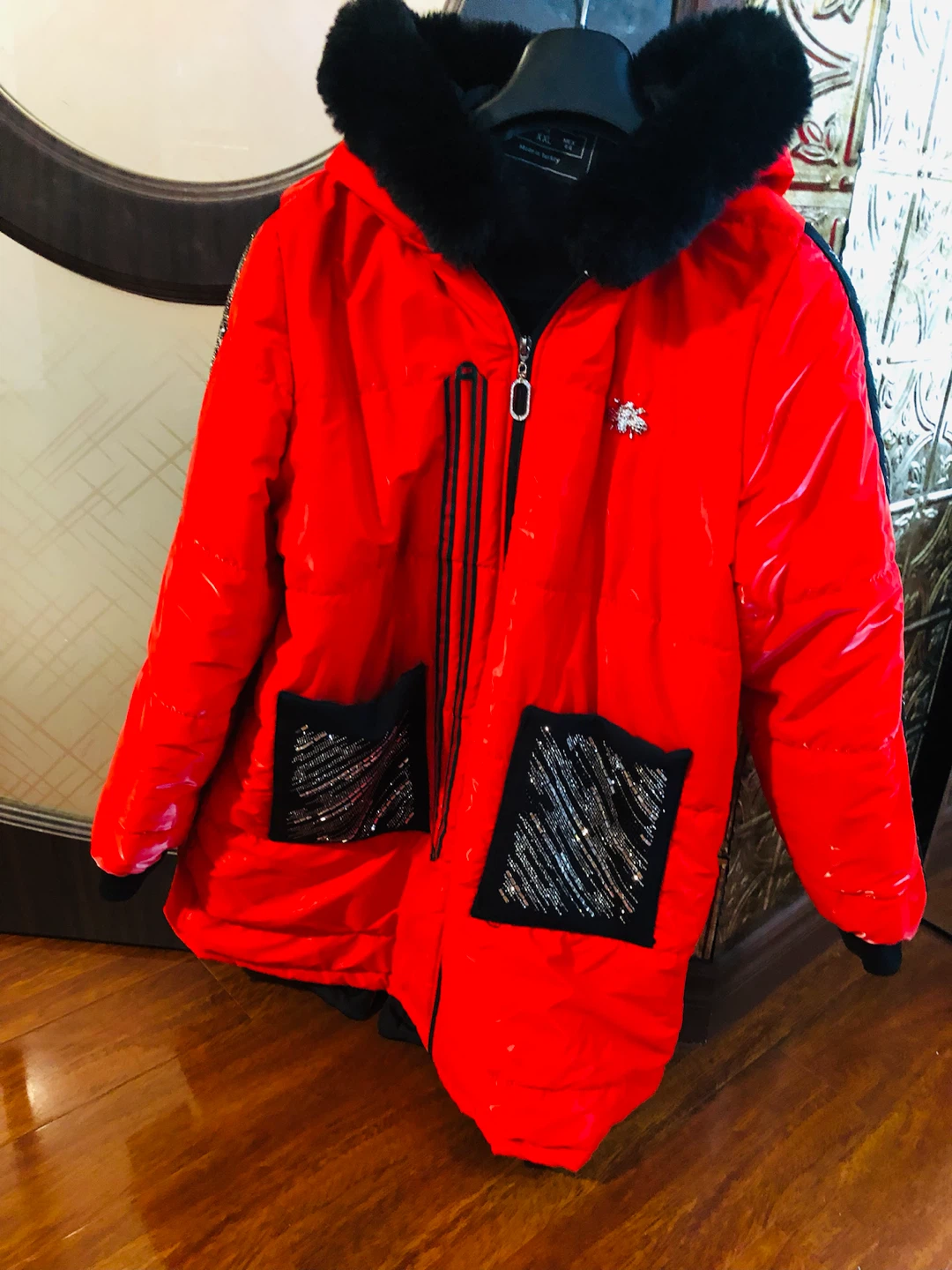 Red Parka Jacket with Fur Hood L