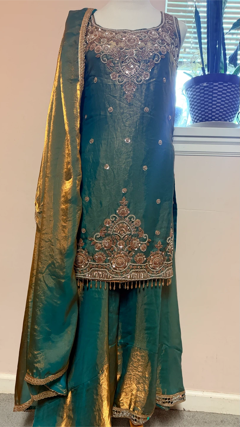 Embellished Teal Sharara Suit with Dupatta