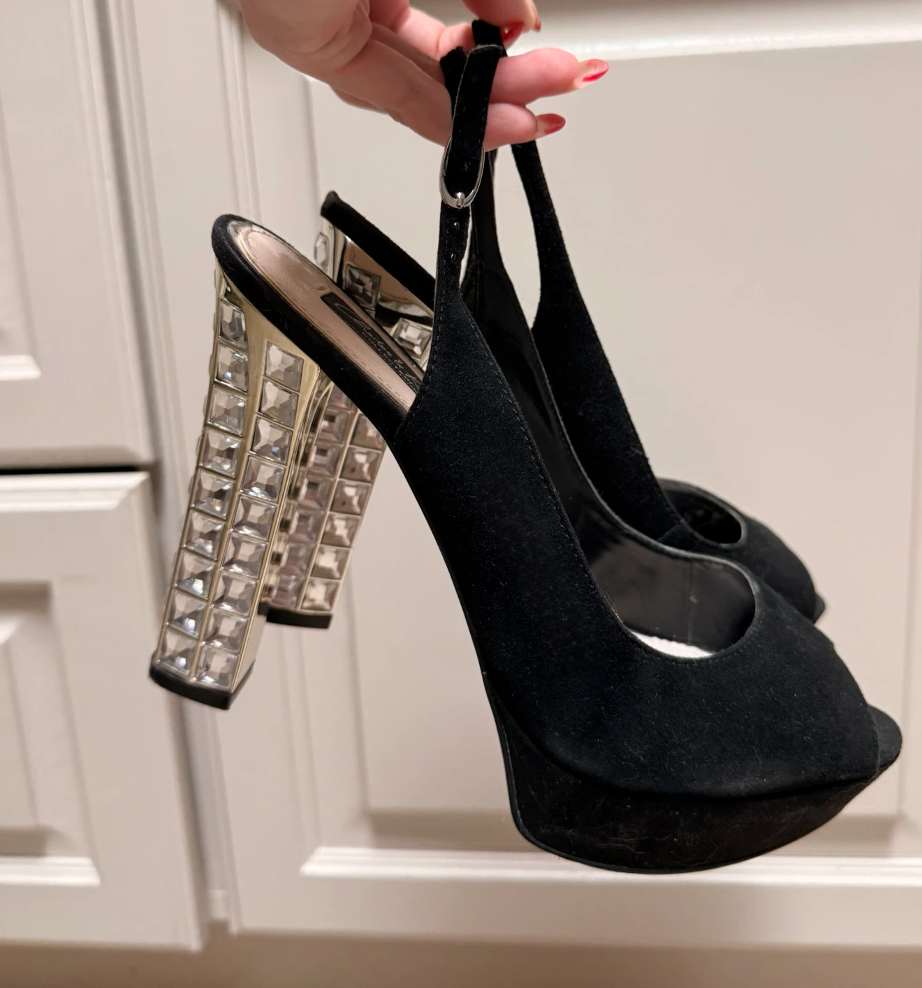 Charles & Keith Black Peep-Toe Slingback Crystal Block Heel