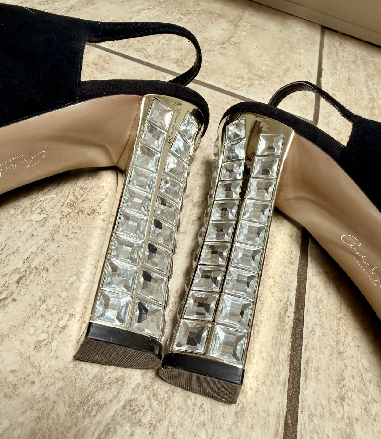 Charles & Keith Black Peep-Toe Slingback Crystal Block Heel - photo 2