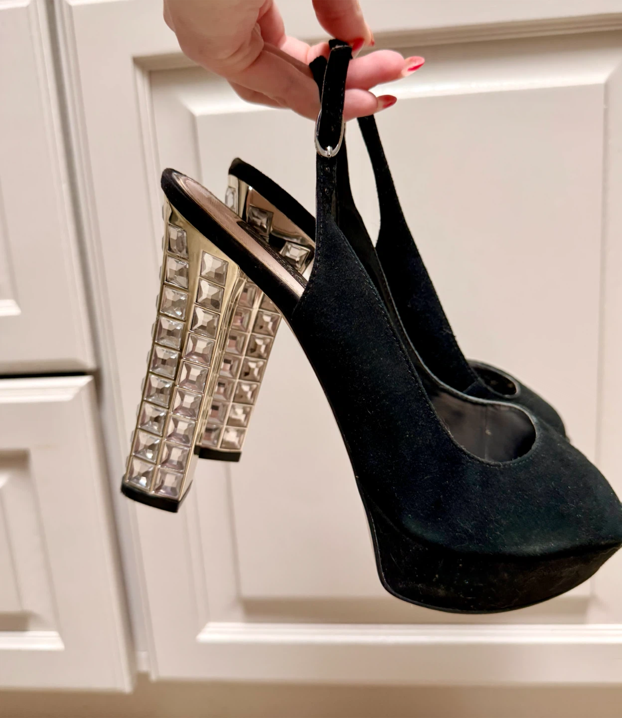 Charles & Keith Black Peep-Toe Slingback Crystal Block Heel - photo 5