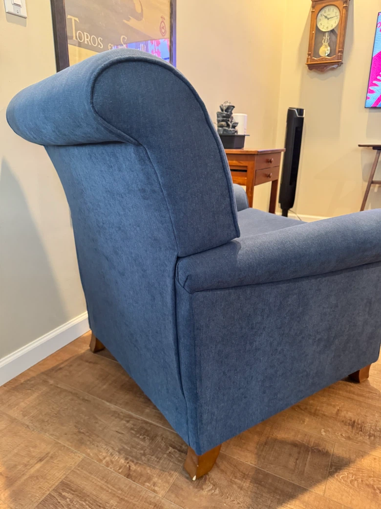 Blue Upholstered Recliner with Ottoman