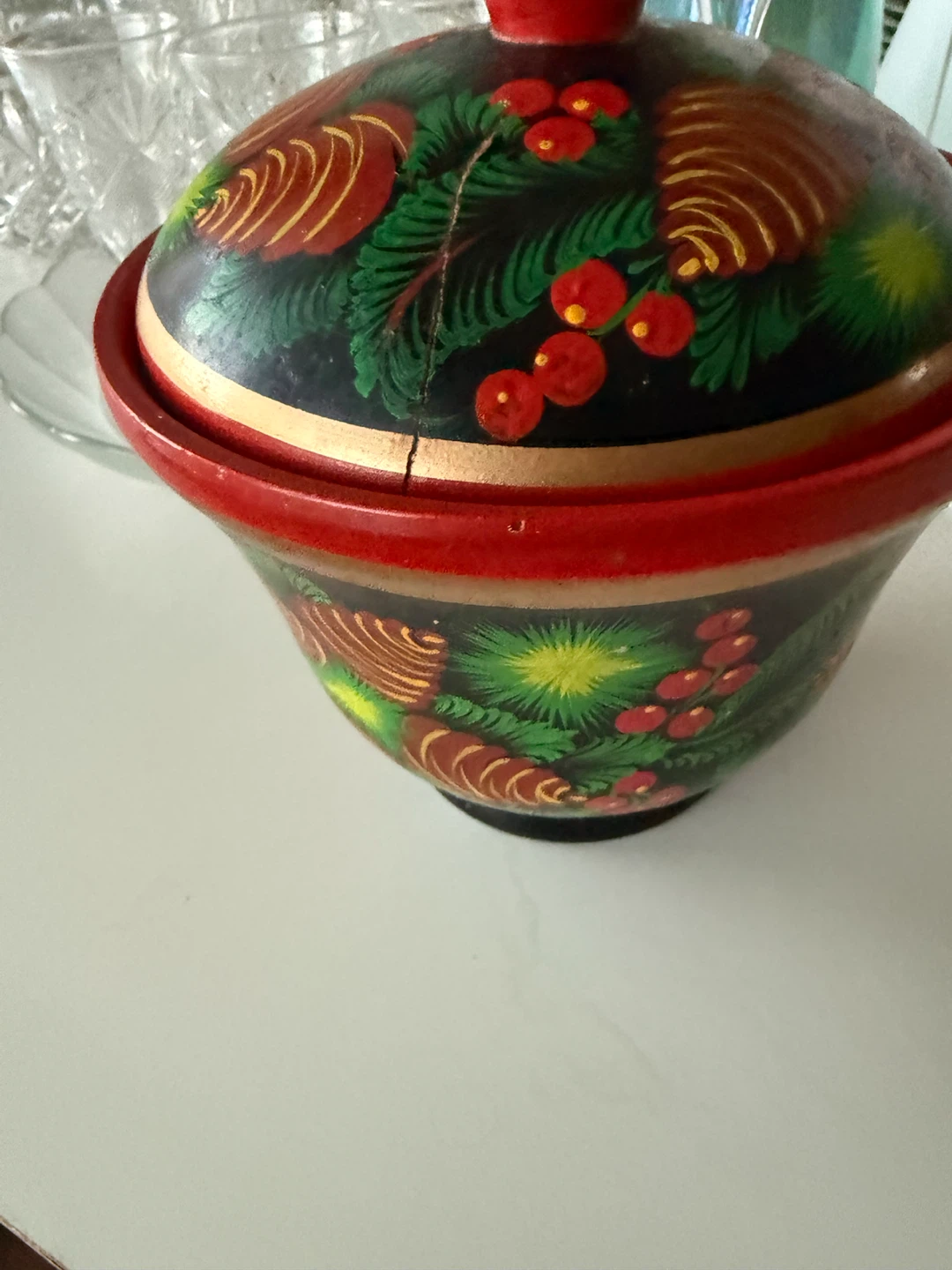 Decorative Wooden Container with Pinecone Design