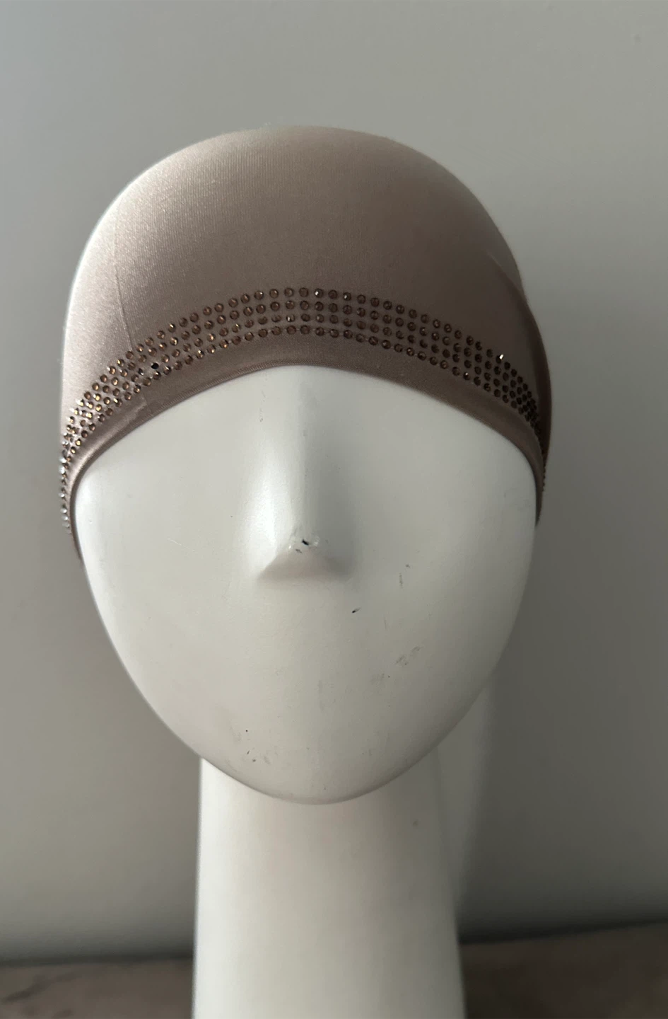 Beige Bonnet with Rhinestone Trim