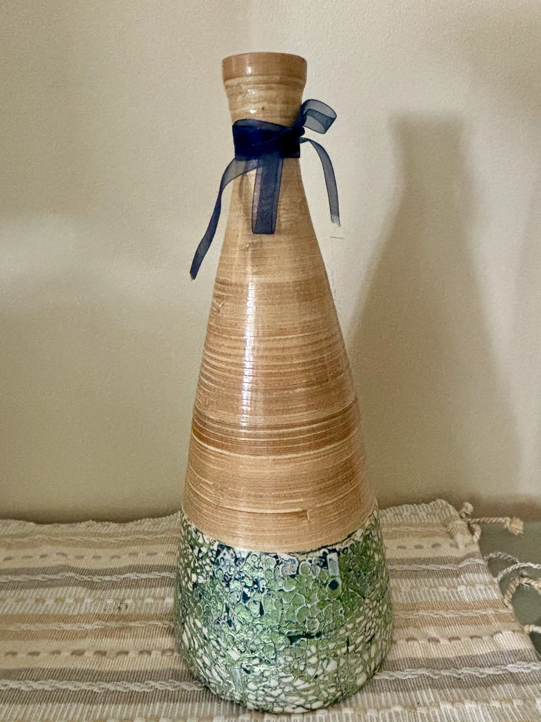 Decorative Vase with Blue Ribbon Accent