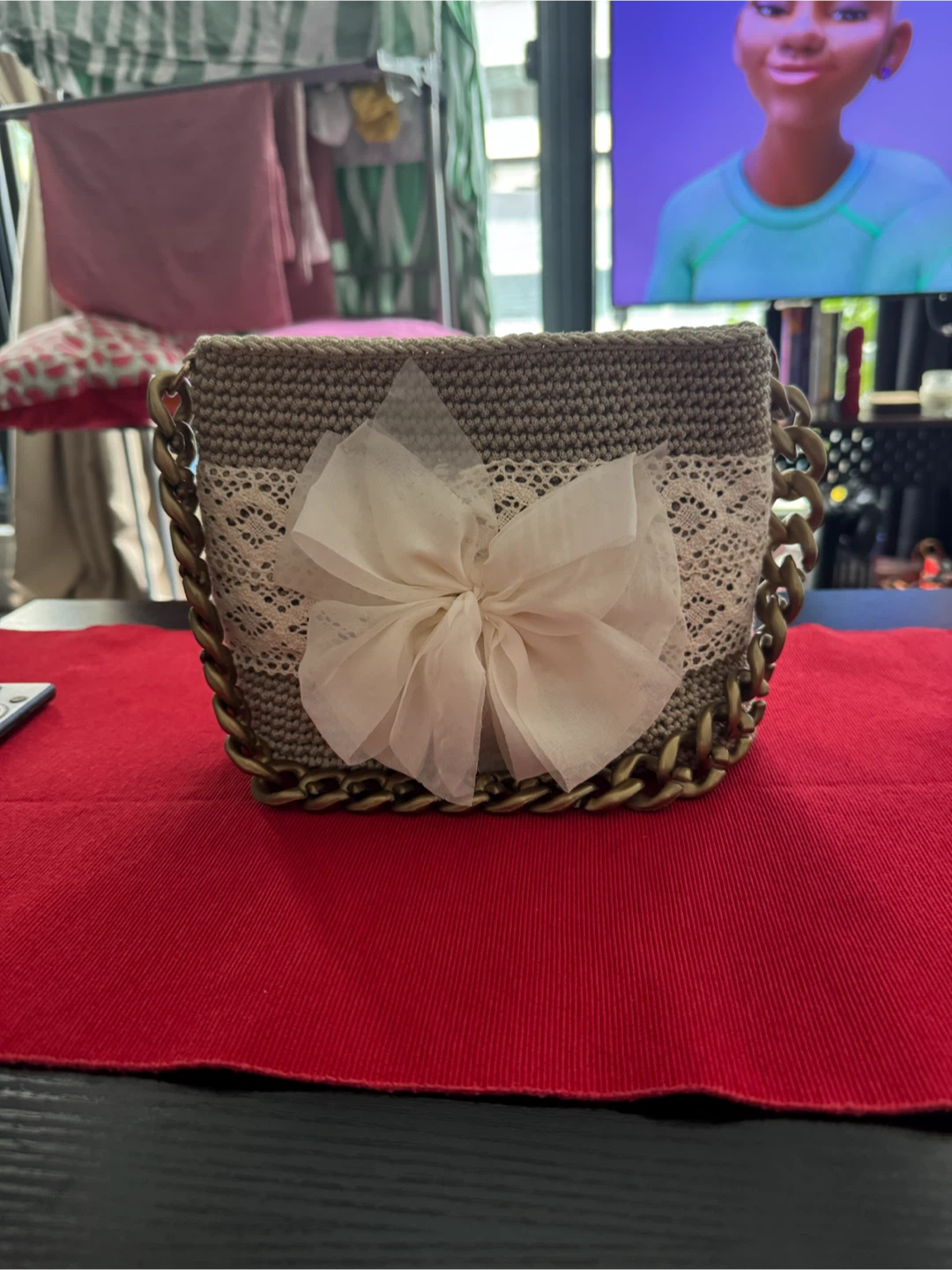 Crocheted Clutch Bag with Lace and Bow
