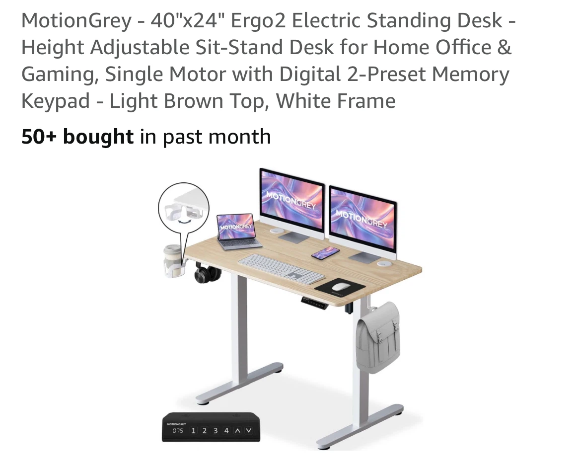 MotionGrey 40"x24" Ergo2 Electric Standing Desk