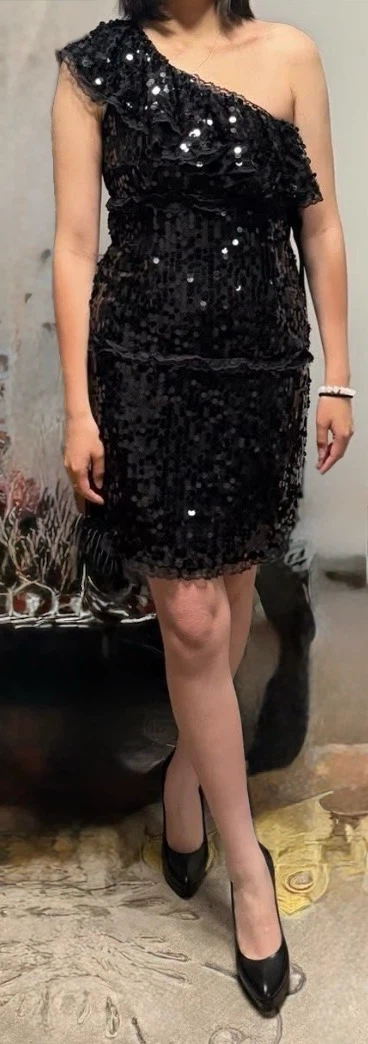 Black Sequin One-Shoulder Dress with Lace Trim