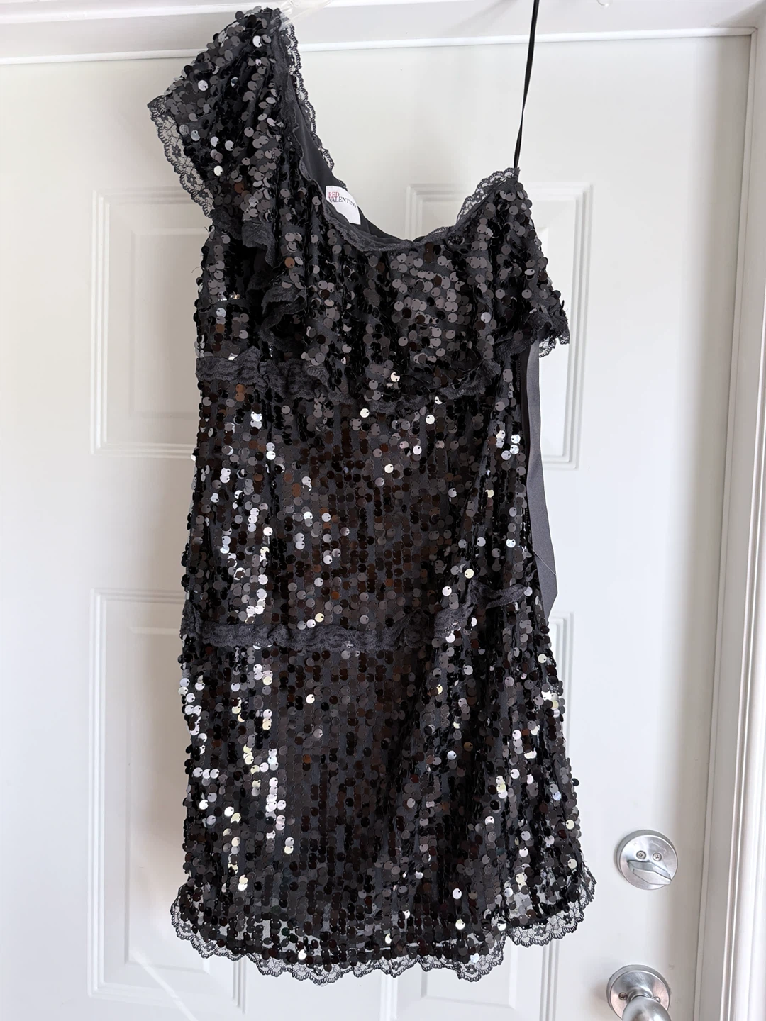 Black Sequin One-Shoulder Dress with Lace Trim - photo 2