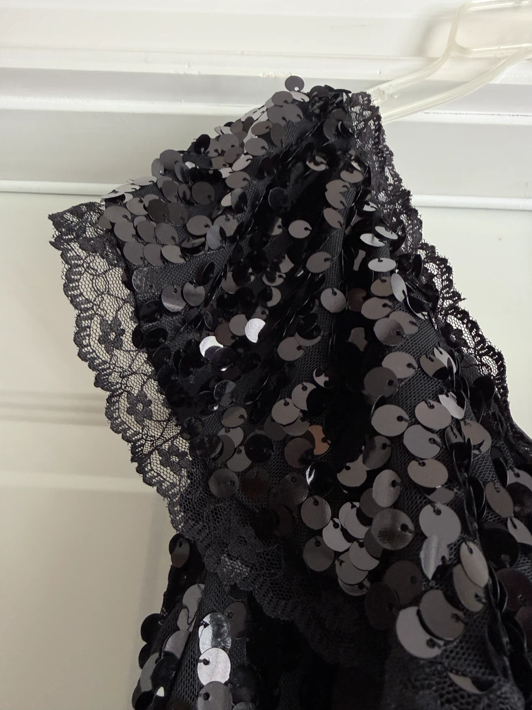 Black Sequin One-Shoulder Dress with Lace Trim - photo 3