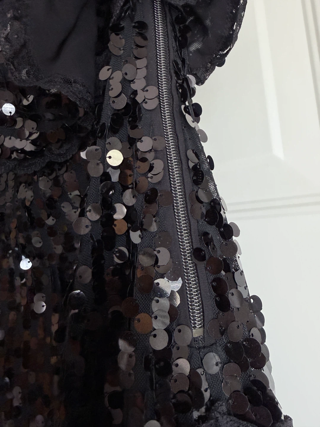 Black Sequin One-Shoulder Dress with Lace Trim - photo 5