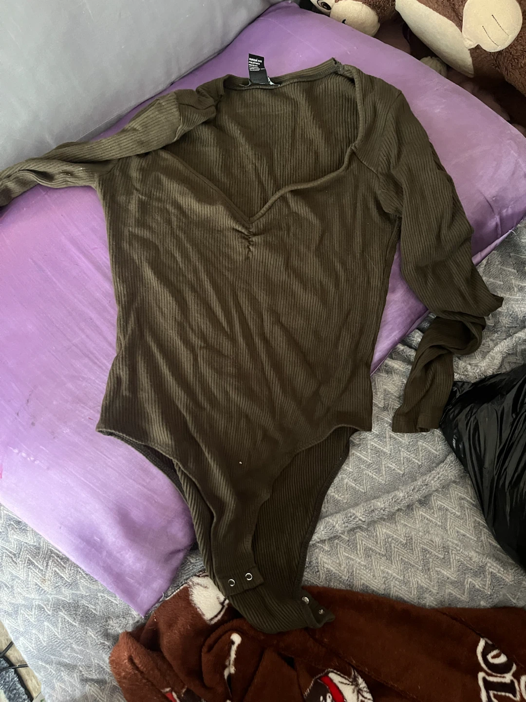 Forever 21 Ribbed Long Sleeve Bodysuit - Olive Green - Size M