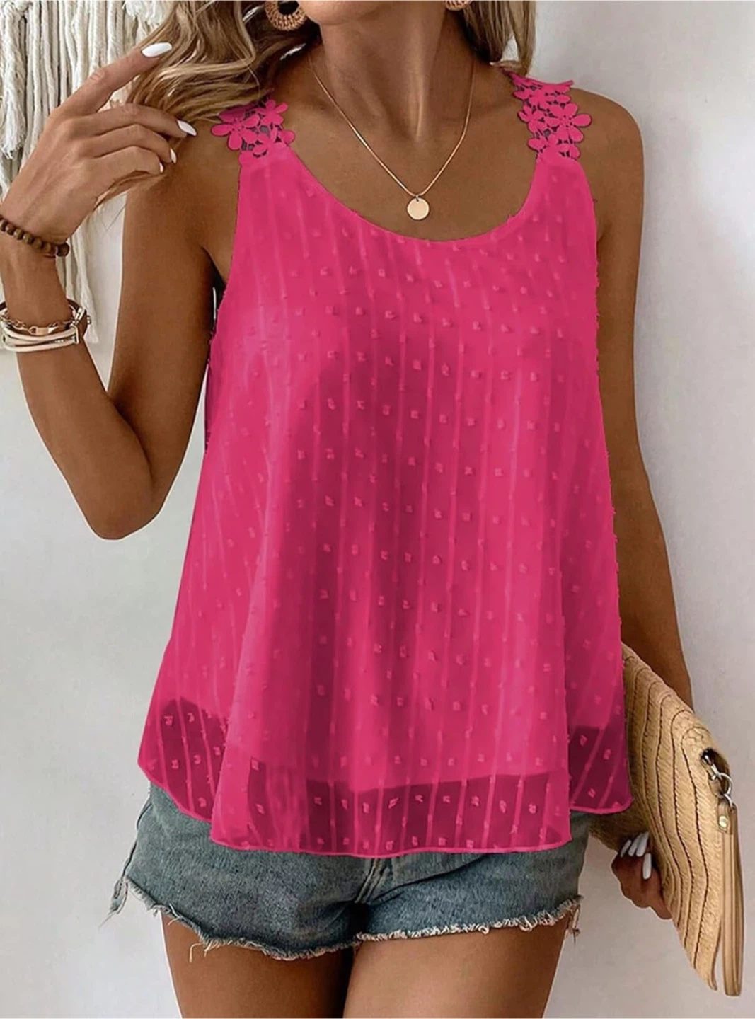 XXL Women's Pink Sleeveless Lace Trim Tank Top