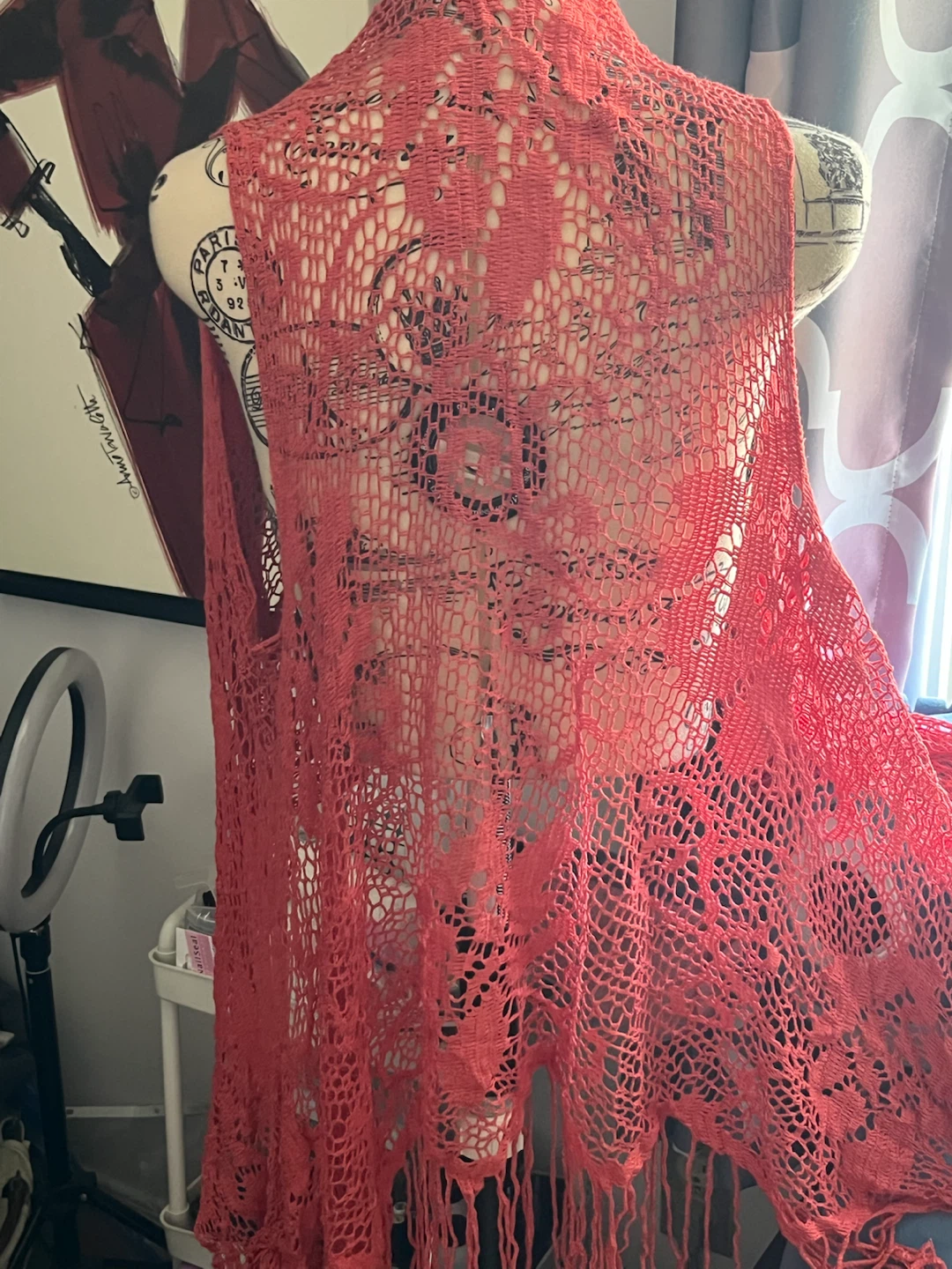 Coral Lace Open Weave Vest with Fringe